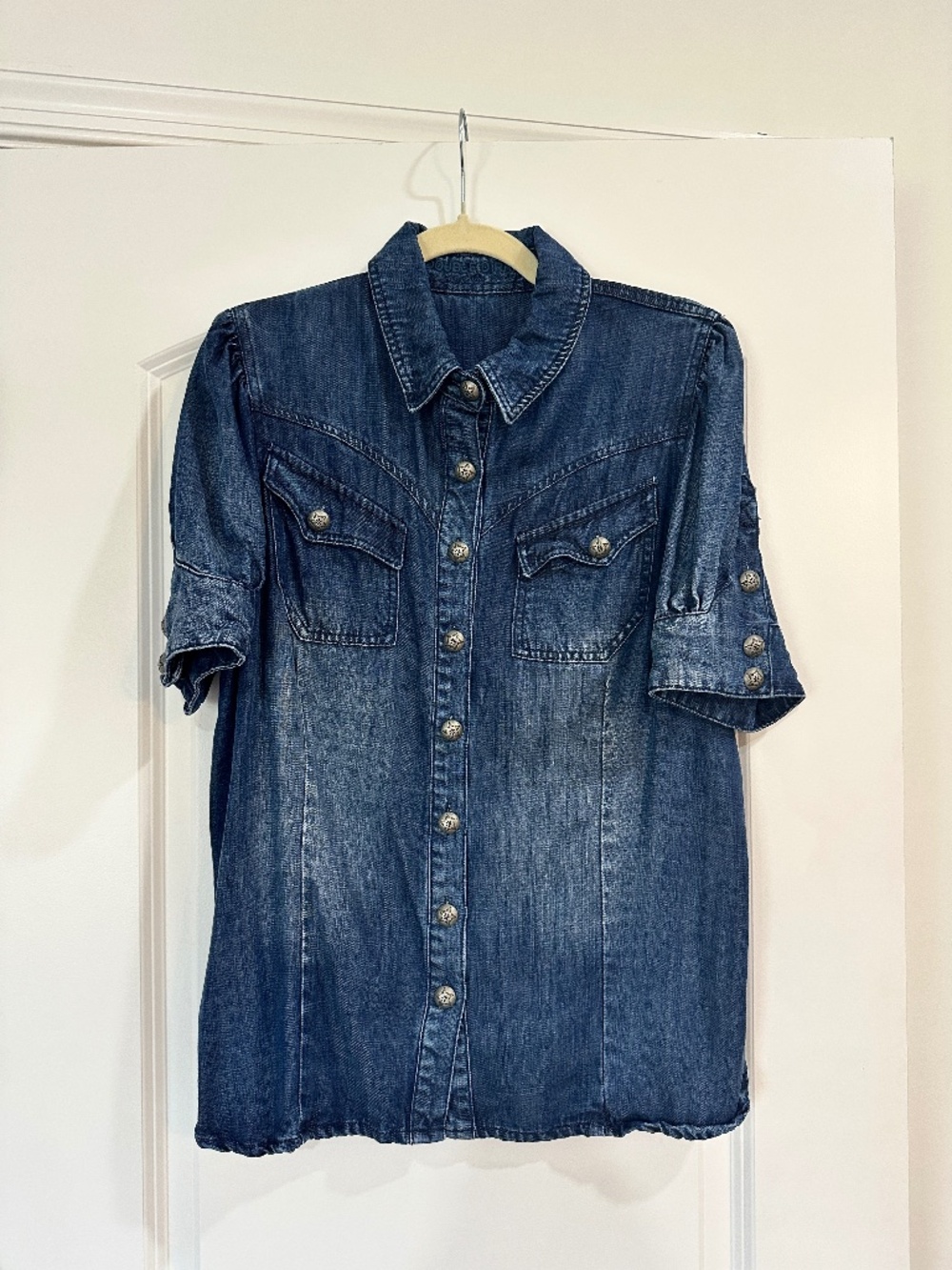 Denim Blue Short Sleeve Double D Ranch Blouse - Size M